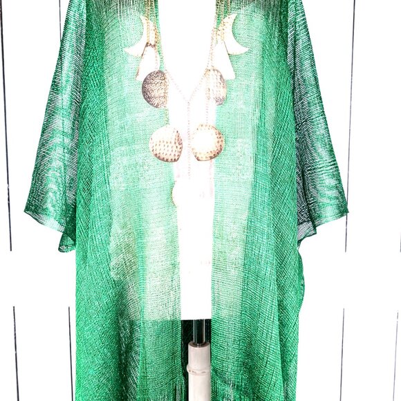 Green metallic mesh fringe kimono cover up - Picture 2 of 7